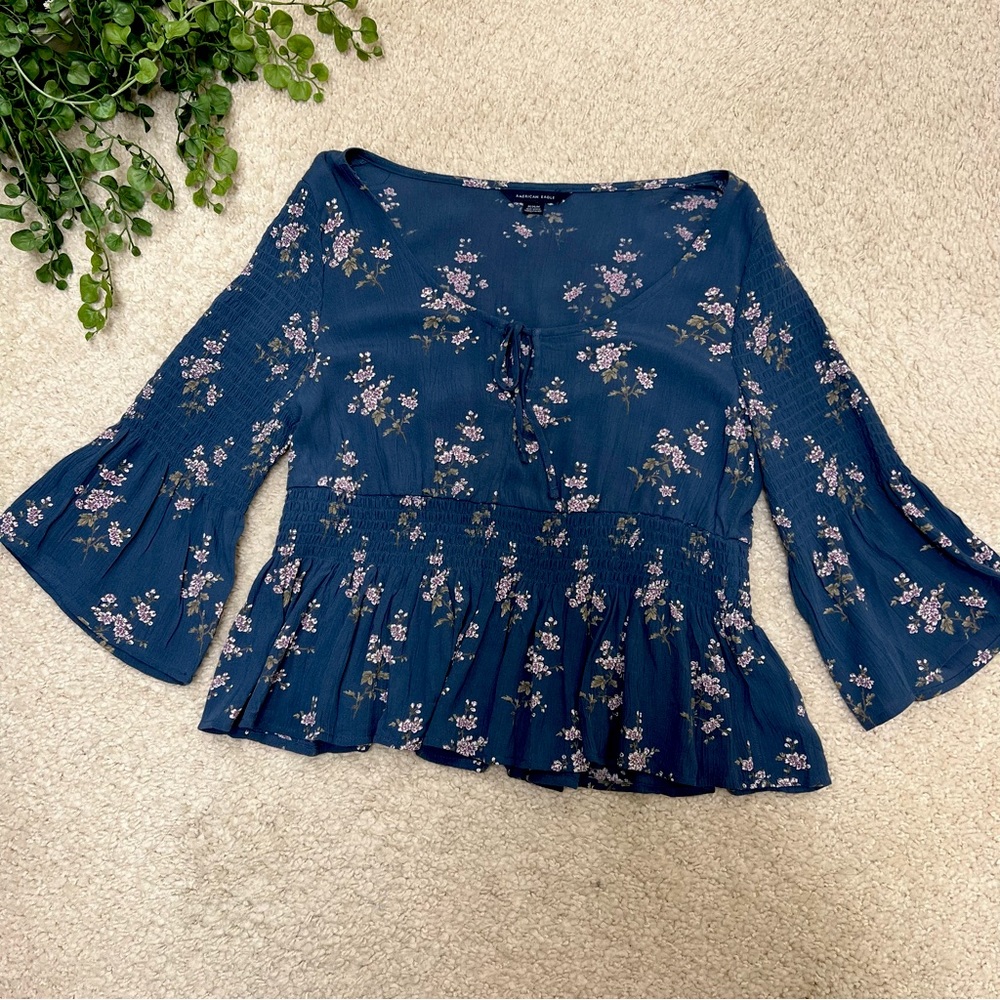american eagle knot tie bell-sleeve floral blouse